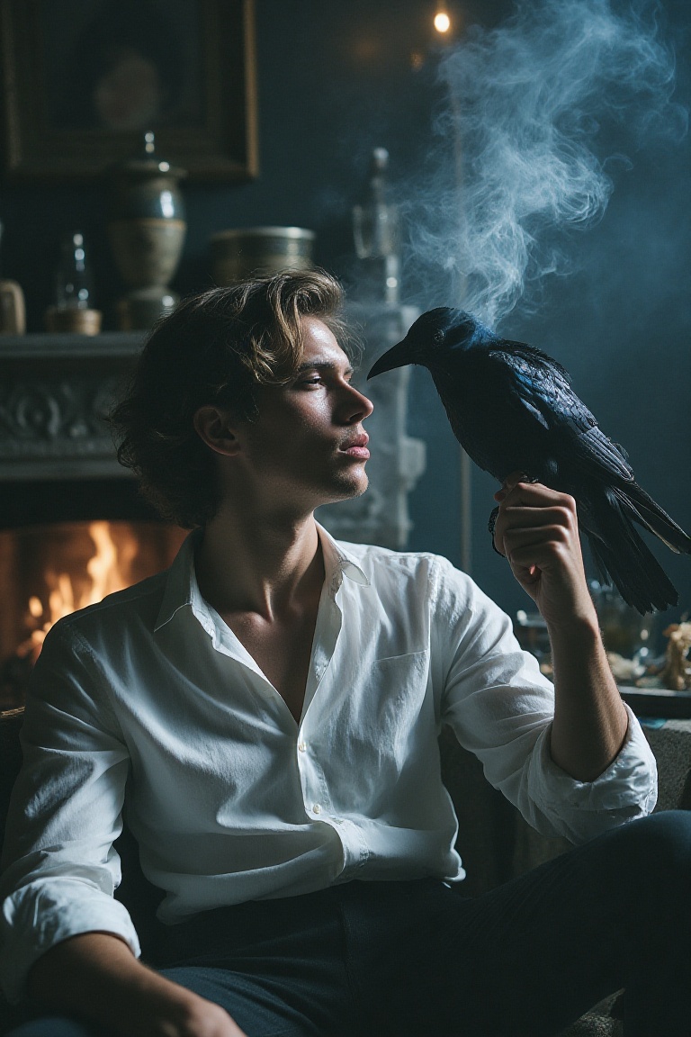 An elegantly composed portrait captures a young man exuding a quiet,  gothic sophistication as he reclines in a dimly lit...