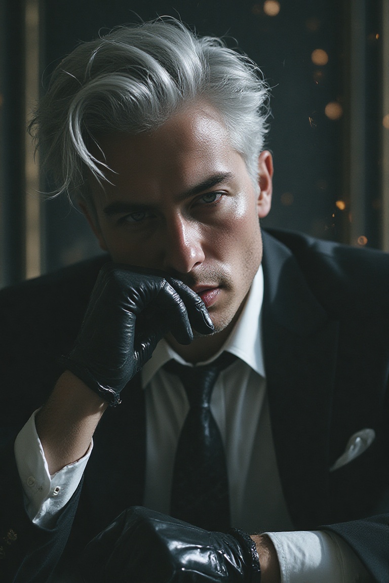 Exuding a cold,  aristocratic magnetism,  the silver-haired subject is captured in an extreme head close-up that magnifies...