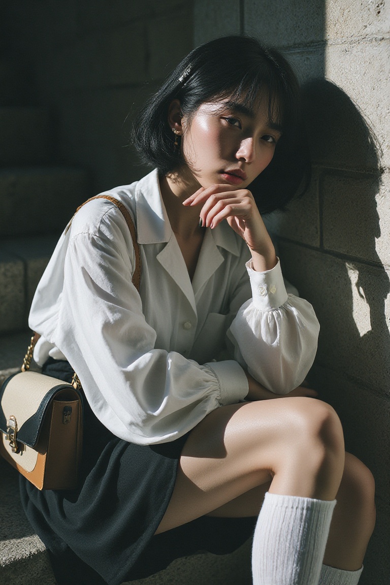 An ethereal,  high-fashion portrait captures a young woman in a pensive moment,  her jet-black hair styled in a short on T...