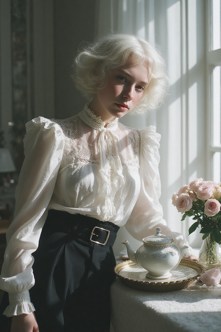 A striking,  ethereal young person with short,  feathery white hair and pale violet eyes leaning forward against a brightl...
