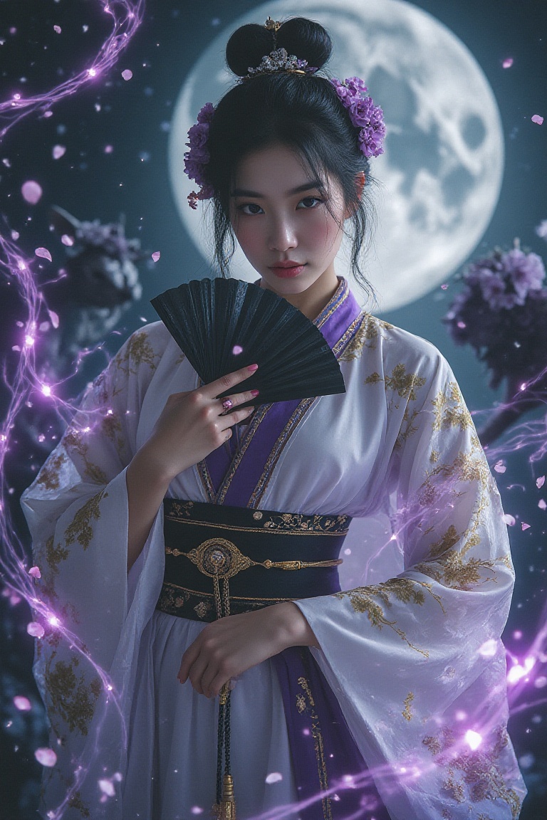 A woman with dark purple eyes and black hair styled up in an ornate bun with purple flowers and traditional hairpins holds...