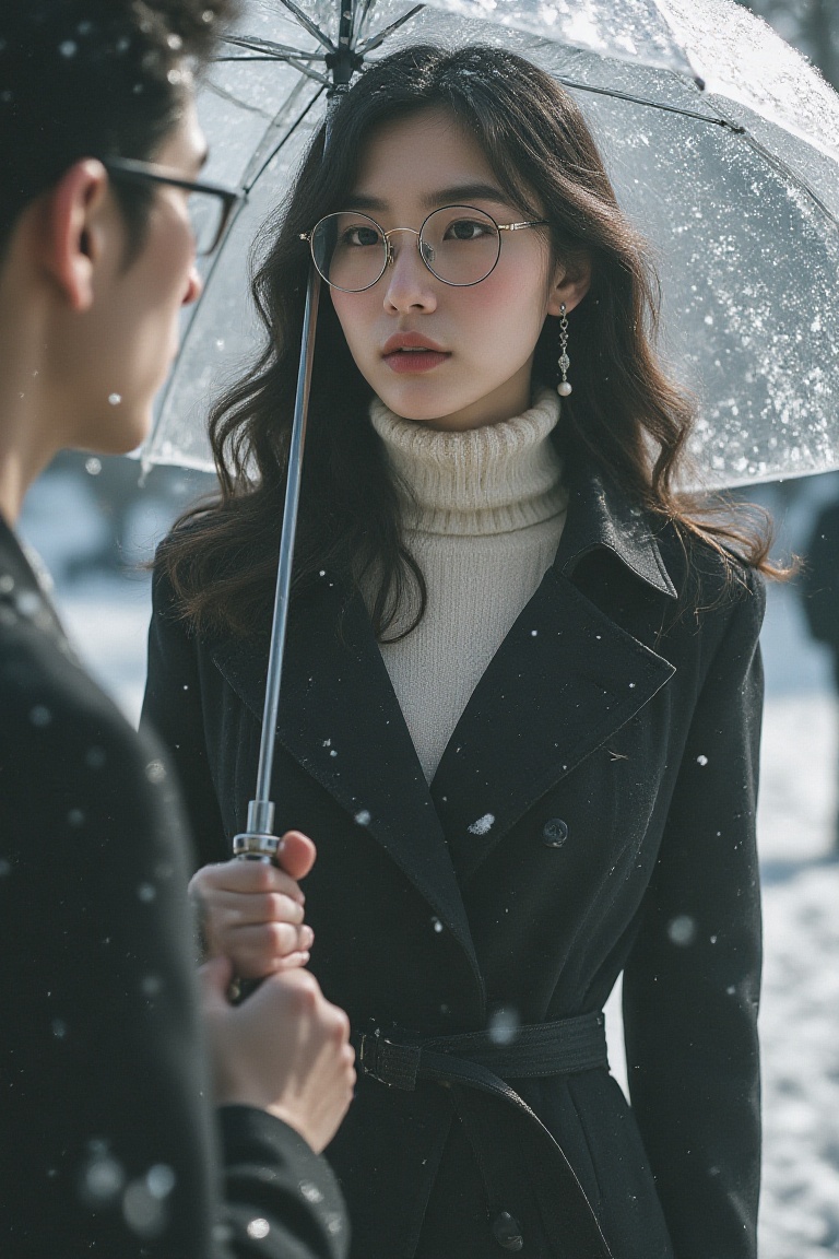 A vivid photograph captures an elegant young woman wearing thin wire rimmed glasses,  standing outdoors in a snowy landsca...