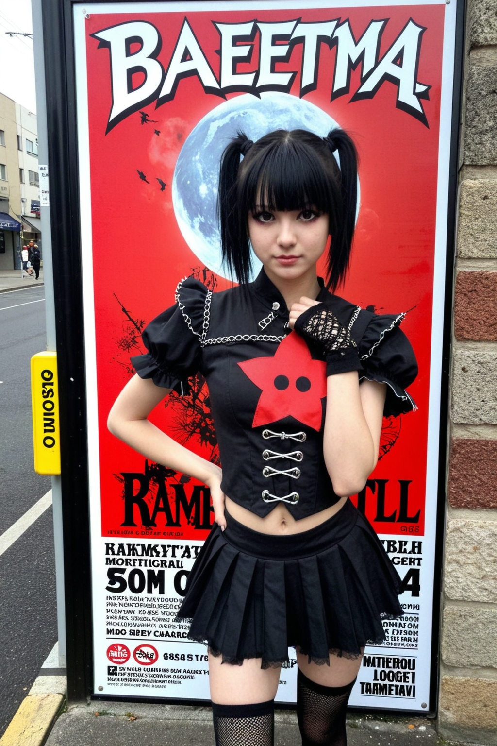 Photograph of an emo girl on a street posing in front of a "babymetal" concert poster,  posing in a kawaii style. on Tenso...