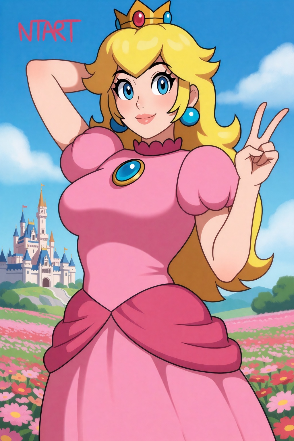 sfw. naughty-taboos-style. upper body shot,  standing tall,  she has one hand behind head and the other making the peace s...