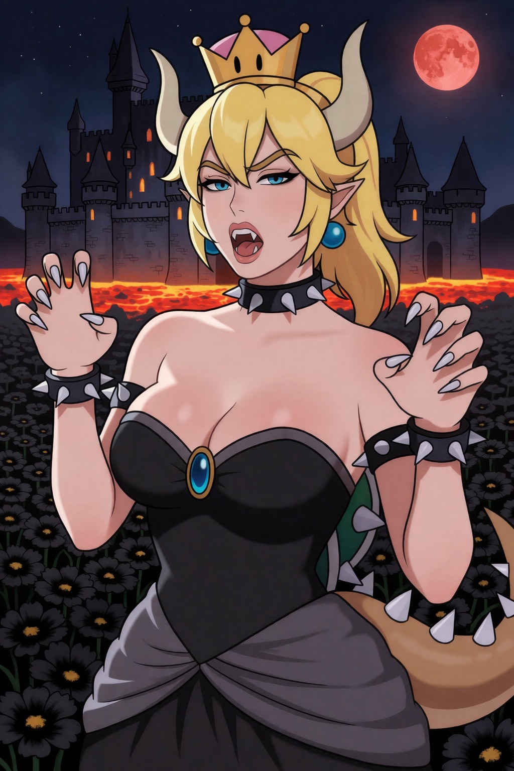 sfw. naughty-taboos-style. upper body shot,  standing tall,  she bearing her fangs and her claws on Tensor.Art