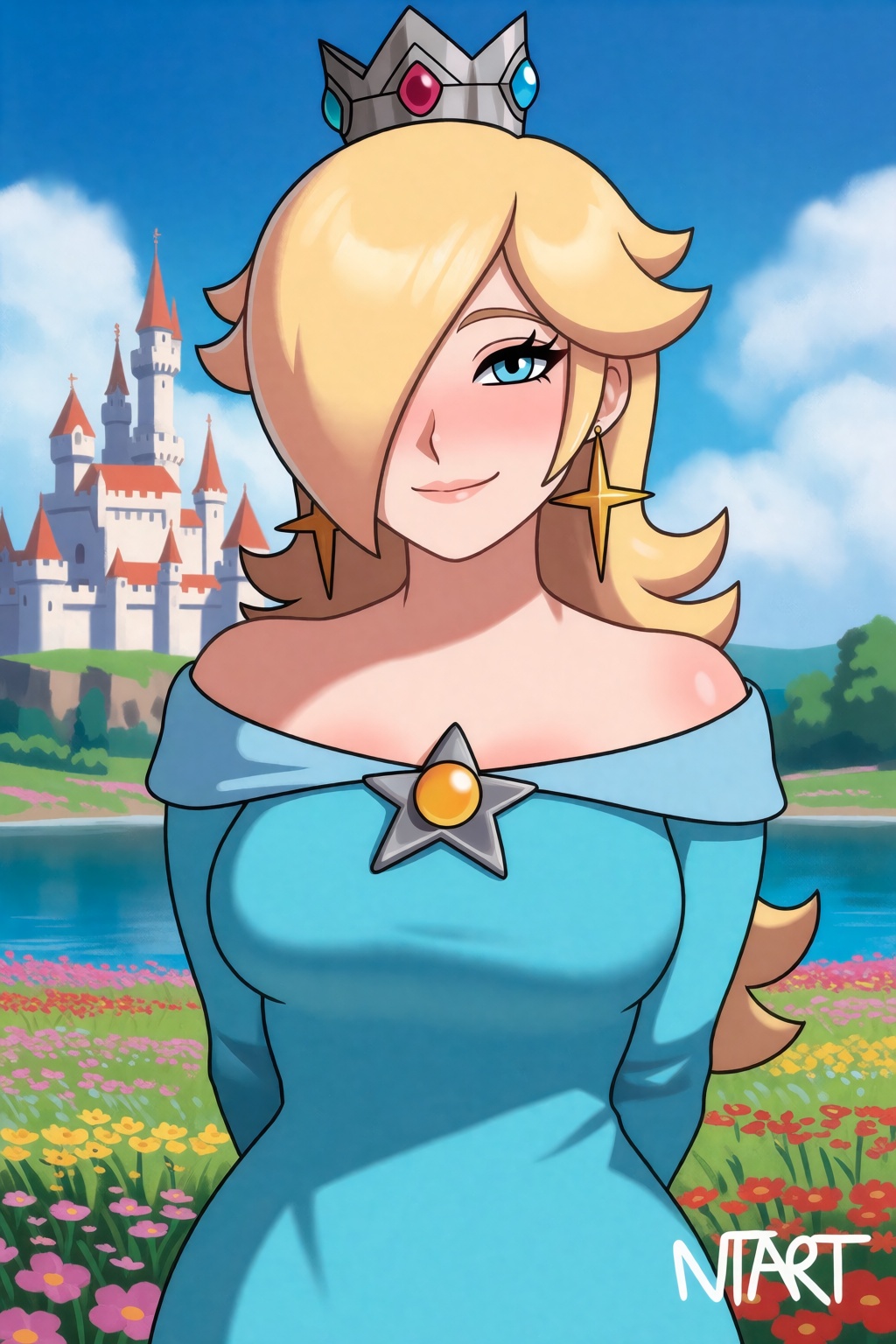 sfw. naughty-taboos-style. upper body shot,  she is standing with her hands behind her back,  she has a shy smile on Tenso...