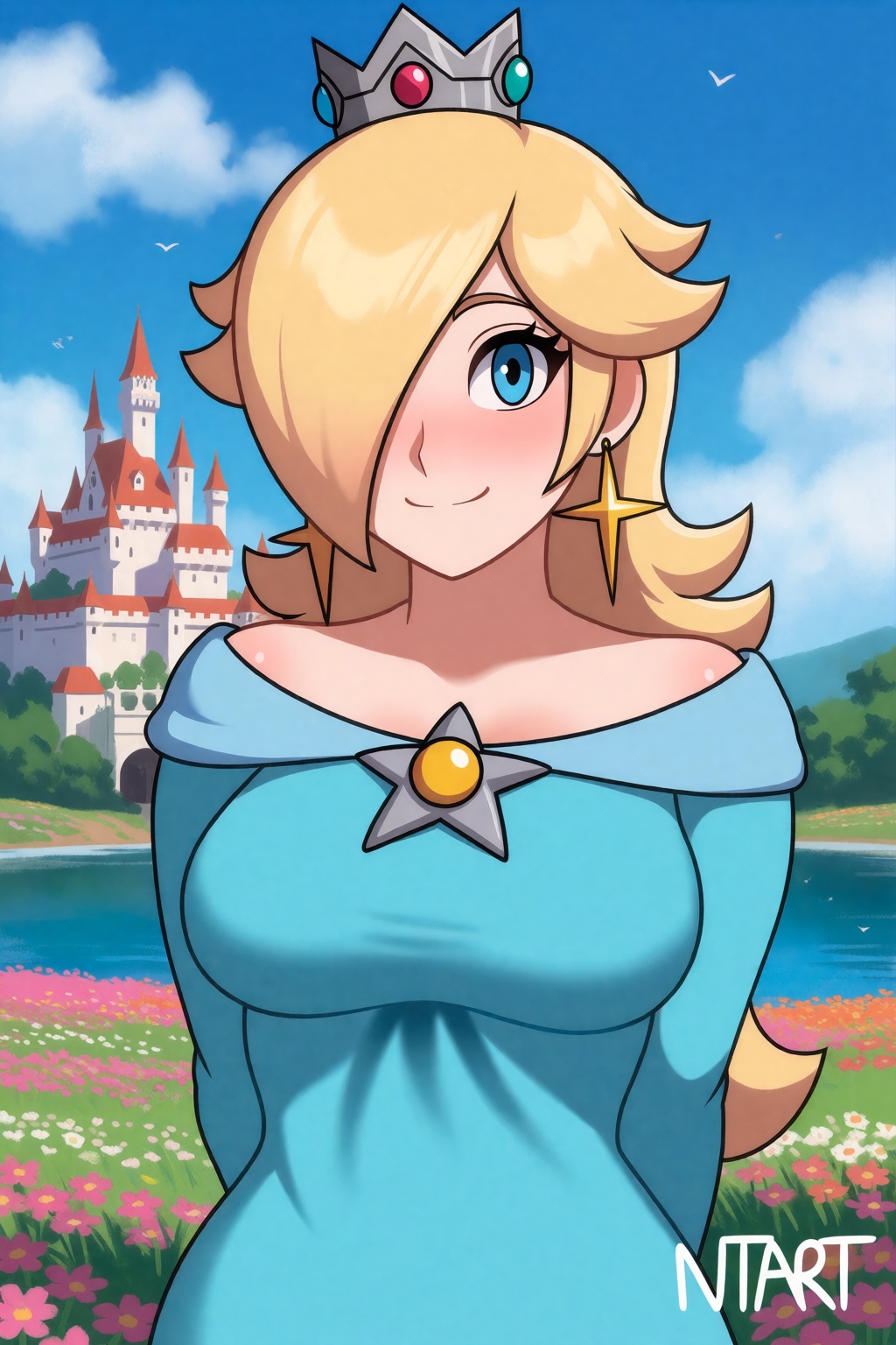 sfw. naughty-taboos-style. upper body shot,  she is standing with her hands behind her back,  she has a shy smile on Tenso...