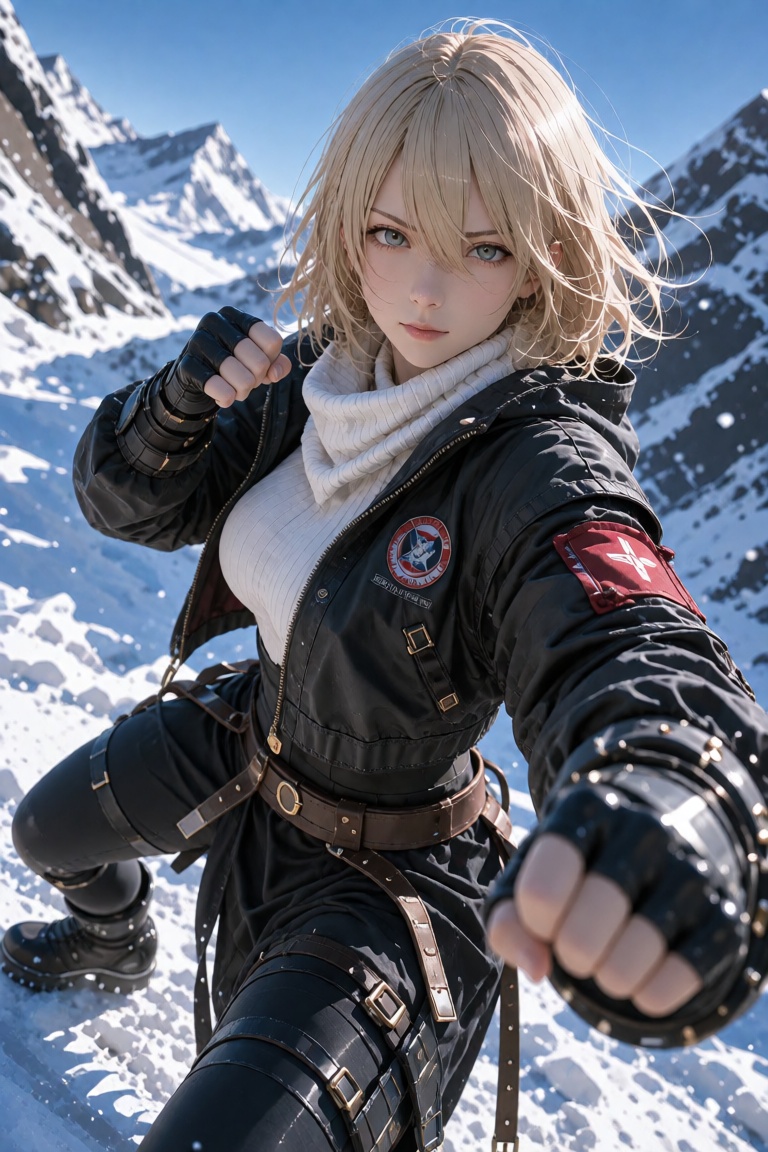 Create a realistic wide shot of a full-body 1girl solo scene with big breasts in a fighting stance,  styled in a dynamic p...