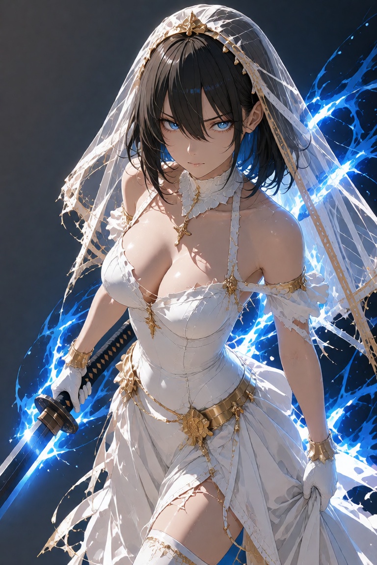 a photorealistic wide shot portrait of a beautiful girl with big breasts wearing a wedding dress and veil. She is holding...