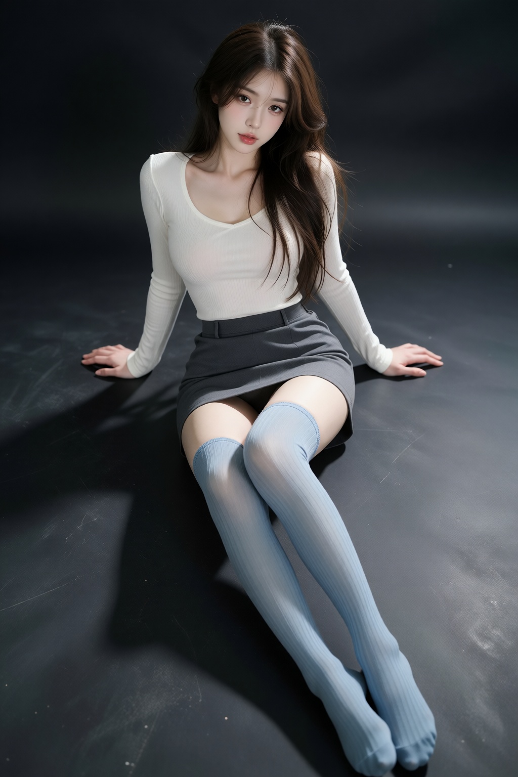 the image is a high-quality photograph of a young woman sitting on a dark,  textured floor against a solid,  dark gray bac...