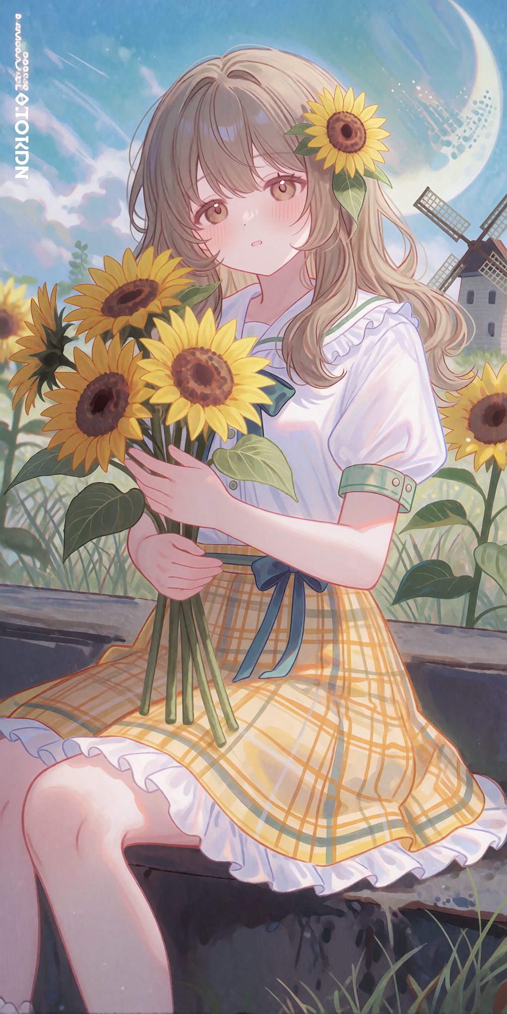 A single young female anime-style human subject seated outdoors on a dark grey stone ledge,  facing forward with her body...