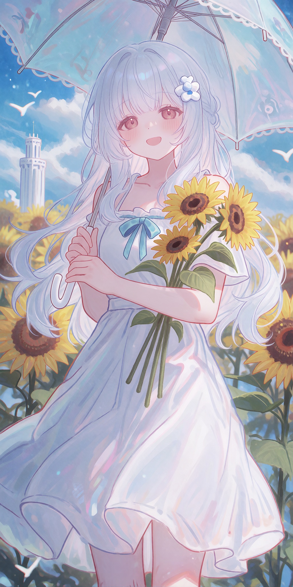 A single young female anime-style human subject standing outdoors in a sunflower field on a bright,  sunny day,  viewed fr...