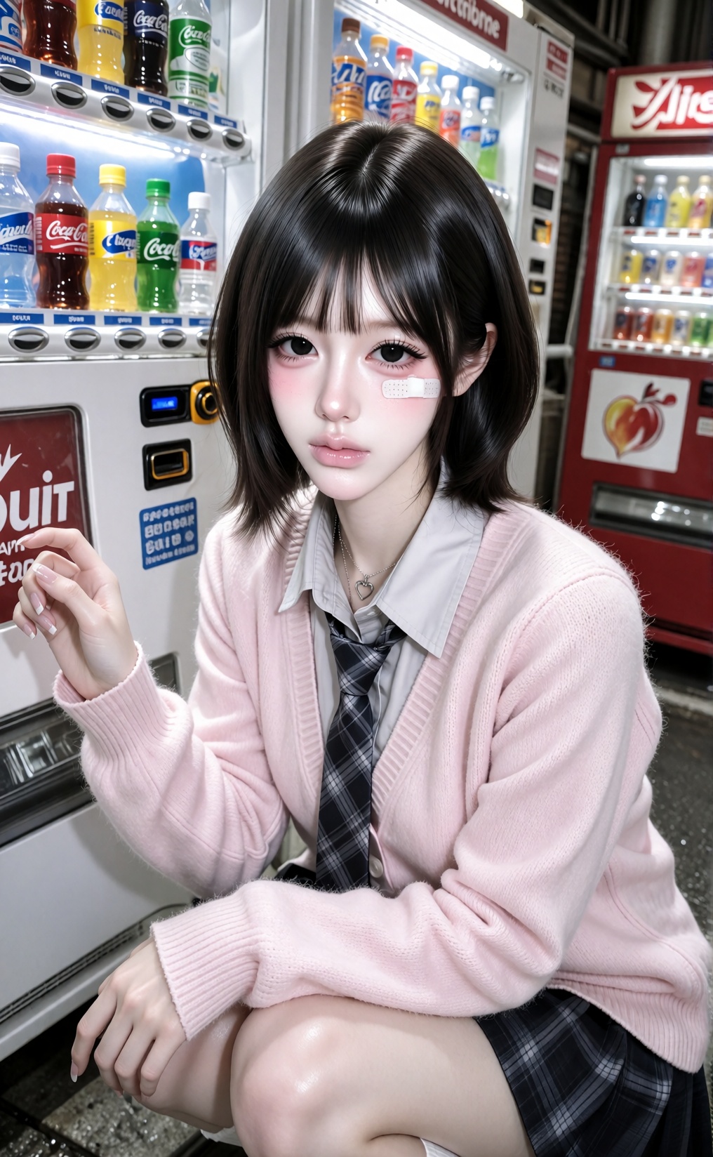 Nostalgic Japanese school lifestyle aesthetic,  retro arcade and street vending machine atmosphere,  playful casual mood o...