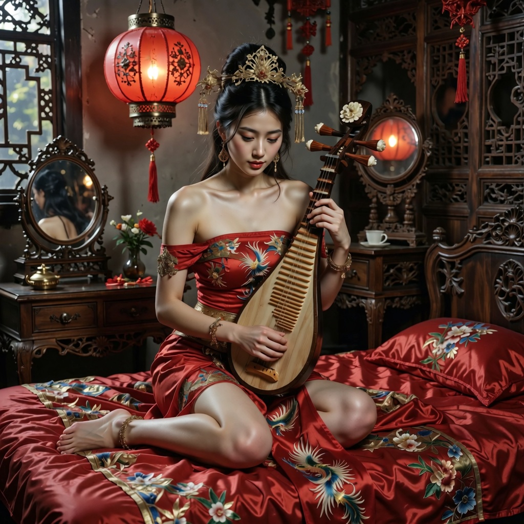 A stunningly realistic portrait depicts a beautiful young Asian woman seated on a bed,  playing a traditional wooden pipa....