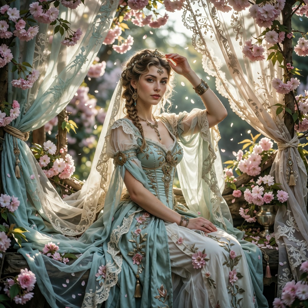 Cinematic fantasy portrait of an elegant ***** woman in a romantic enchanted cherry-blossom garden,  seated gracefully ben...