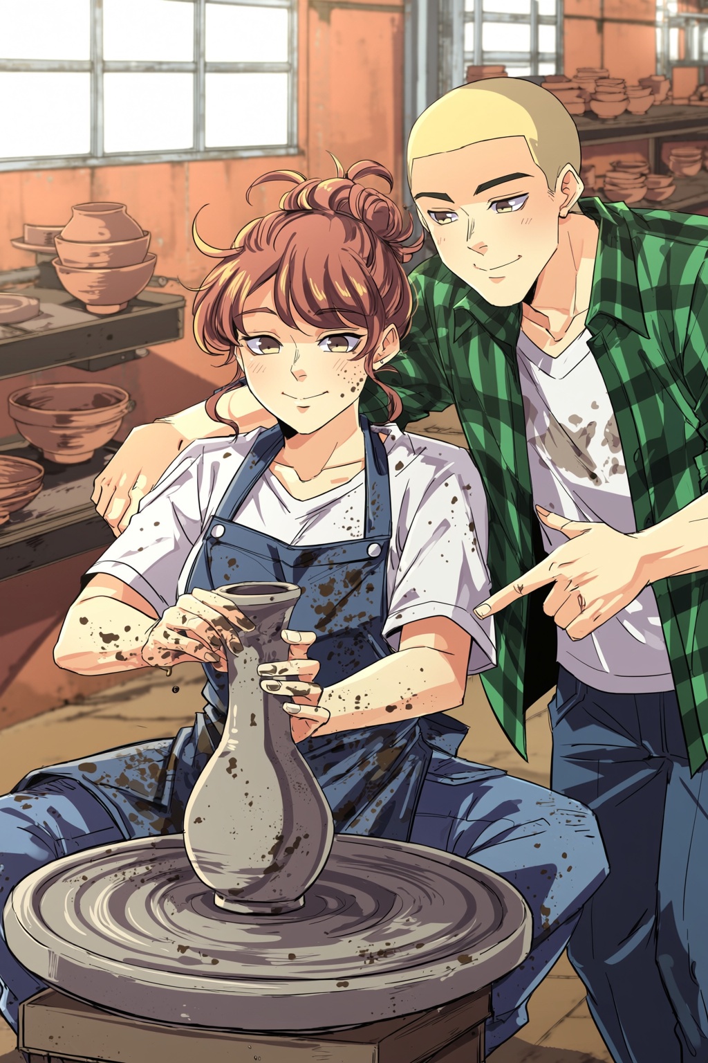 highres,  absurdres,  @uruchanofr An anime-style illustration of a woman with curly auburn hair tied back in a messy bun o...