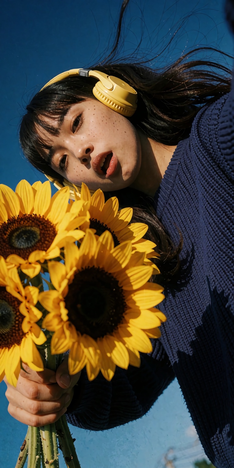 A vintage 90s framed analog photo taken from a steep high Dutch-angle tilt,  looking down diagonally at a young woman in a...