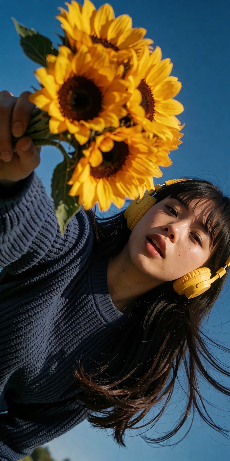 A vintage 90s framed analog photo taken from a steep high Dutch-angle tilt,  looking down diagonally at a young woman in a...