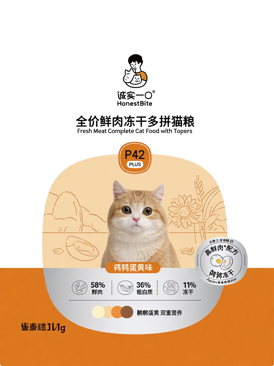 诚实一口主粮包装风格,  宠物主粮完整包装正面设计。普通线PLUS成年猫粮,  型号"P42 PLUS" on Tensor.Art