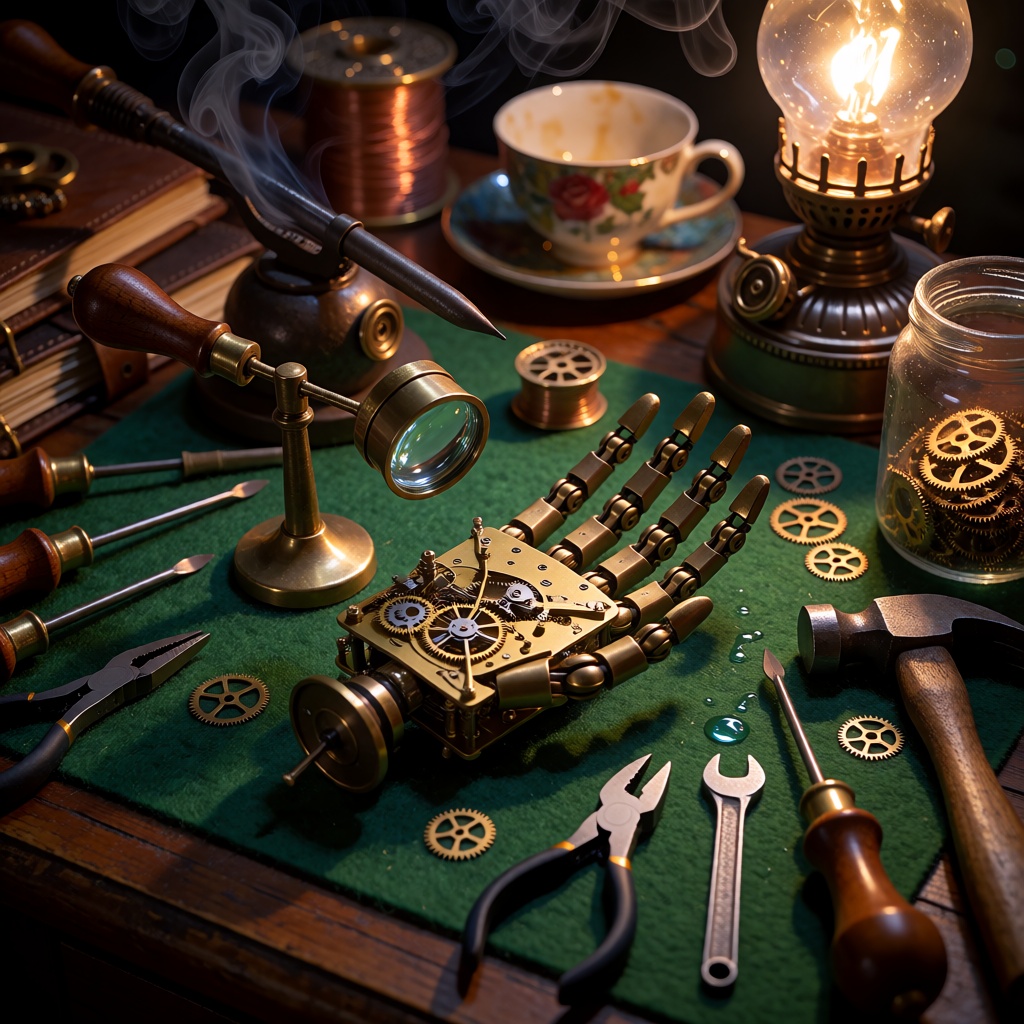 Photograph,  an extreme close-up detail shot of a steampunk inventor's workbench at night,  illuminated by a single glowin...