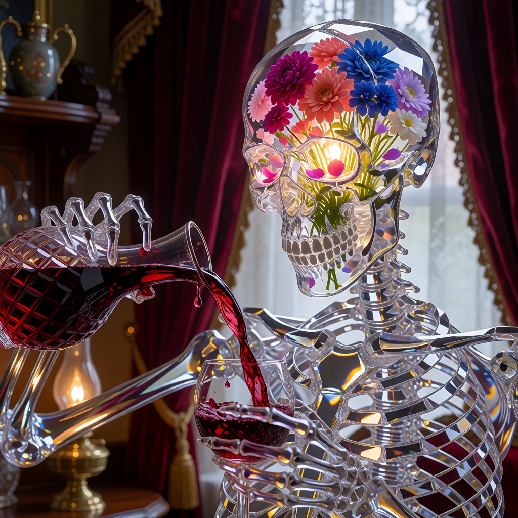 zidiusArt,  A full-scale human skeleton pours deep crimson wine in an antique room,  its entire body crafted from transpar...