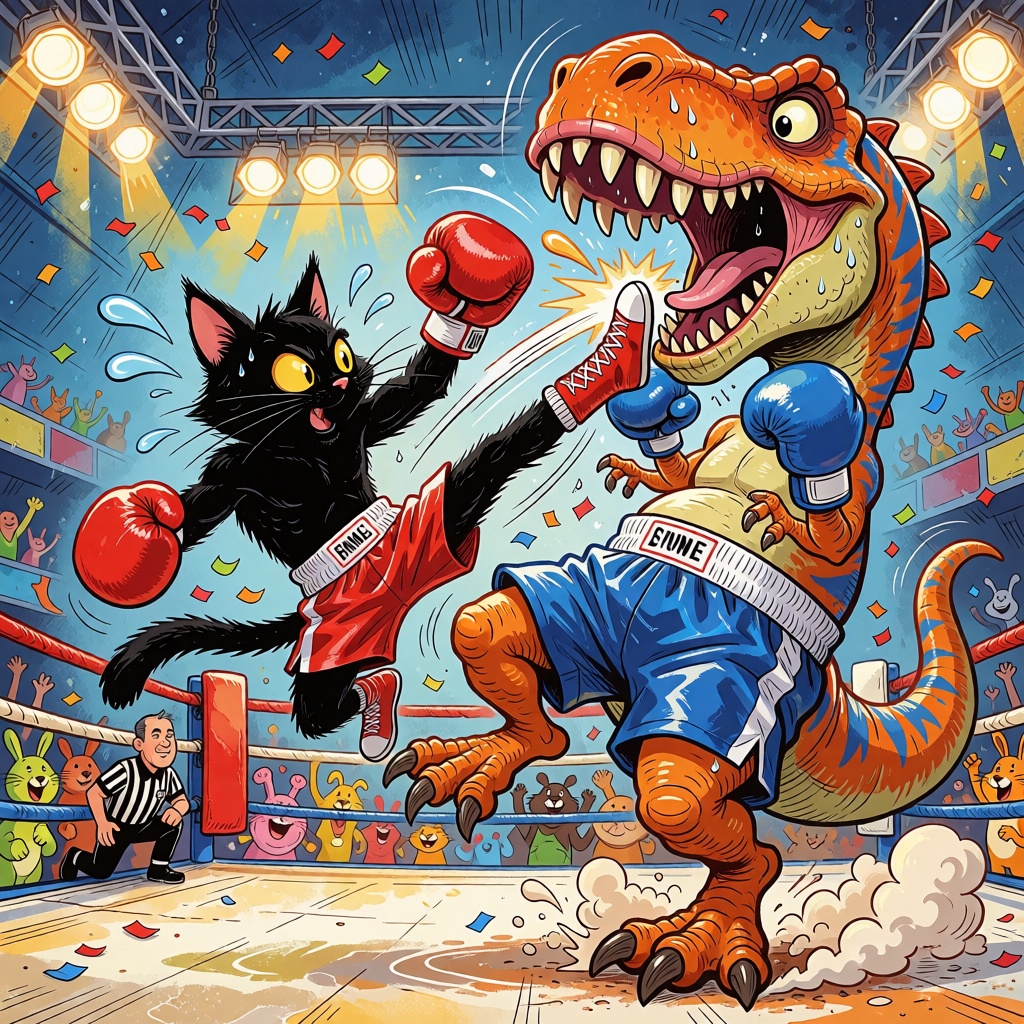 whimsical storybook illustration: A hilarious action scene inside a boxing ring: a muscular black cat,  wearing red boxing...
