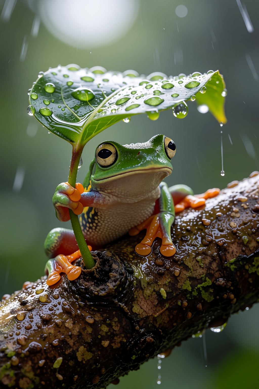 A hyperrealistic macro nature photograph of a vibrant green tree frog perched on a wet,  textured brown branch. The frog i...