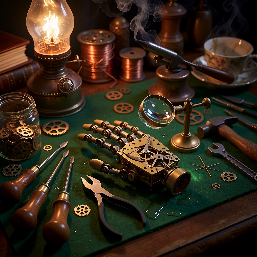 Photograph,  an extreme close-up detail shot of a steampunk inventor's workbench at night,  illuminated by a single glowin...