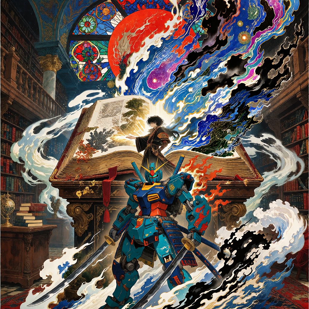 A vertical Ukiyo-e style anime composition showing a transformative moment in a dimly lit ancient library. Ryu's teal and...