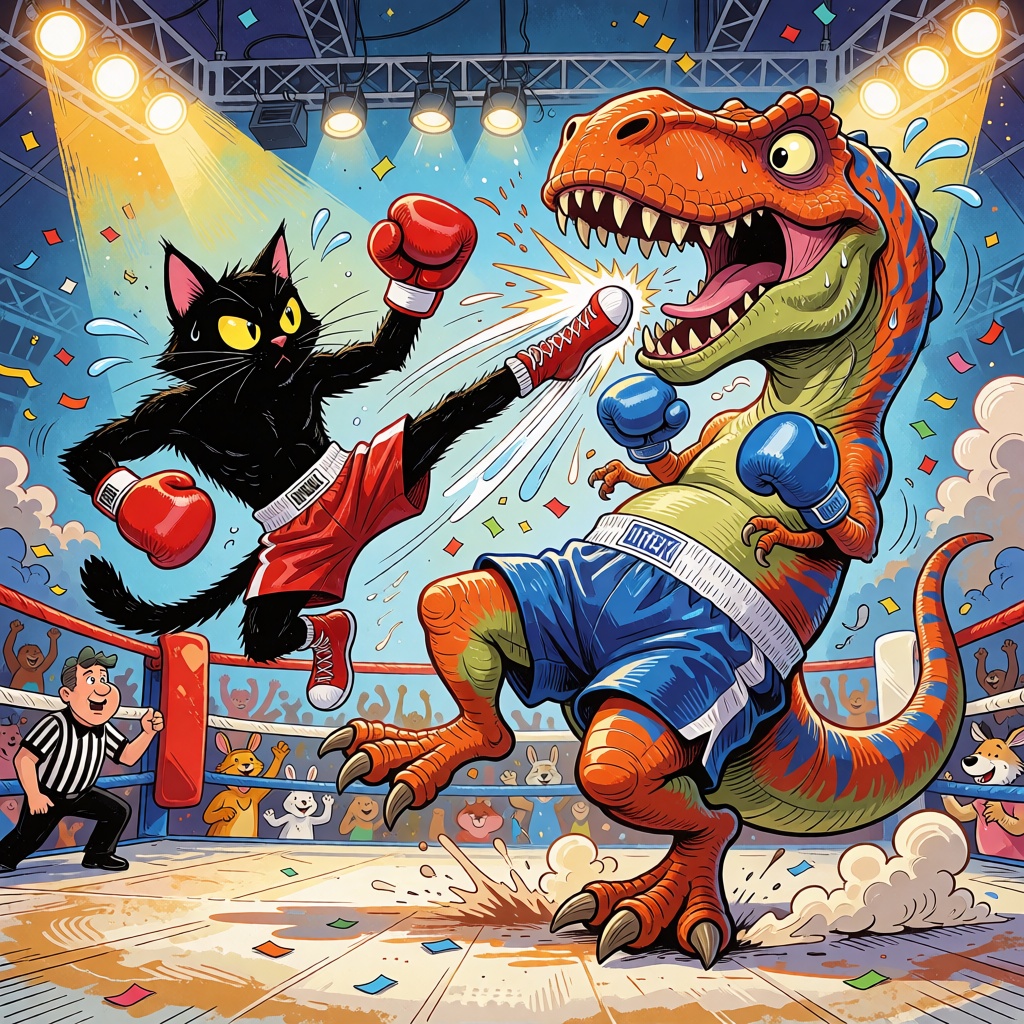 whimsical storybook illustration: A hilarious action scene inside a boxing ring: a muscular black cat,  wearing red boxing...