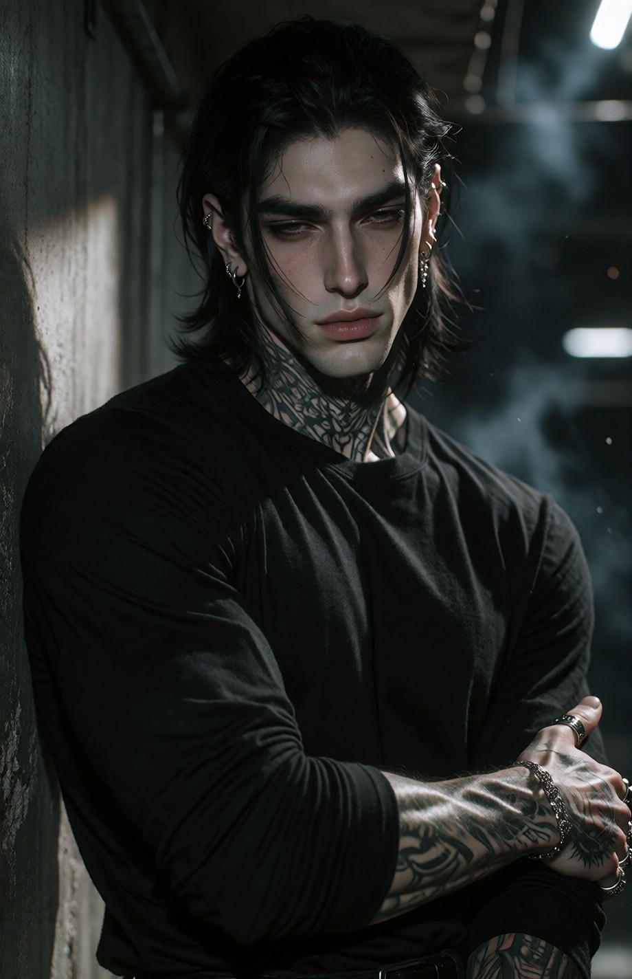 A strikingly handsome,  muscular ***** man with long,  dark hair slicked loosely back from his face on Tensor.Art