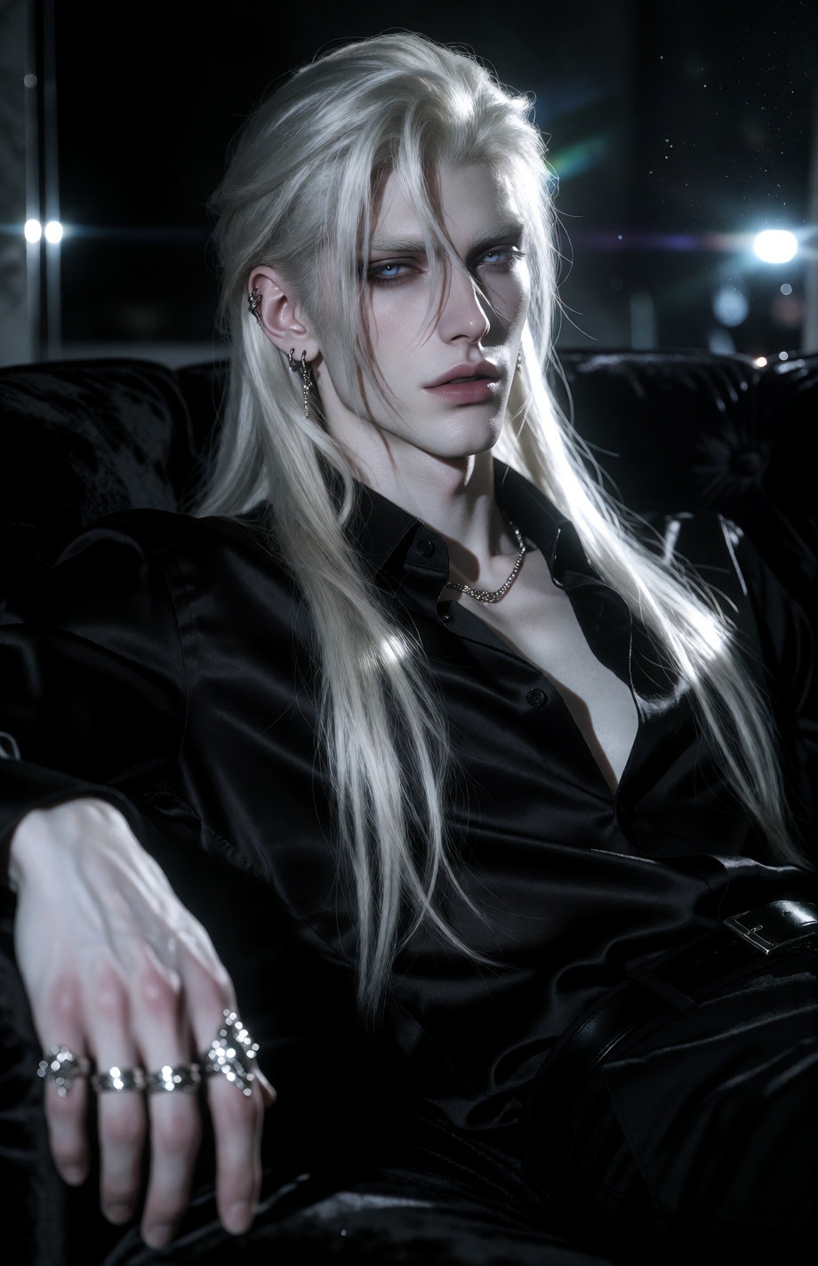A strikingly handsome ***** man with extremely long,  silky platinum-blonde hair falling in sleek,  straight layers over h...