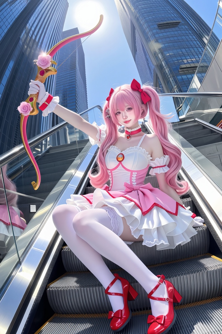 Wearing a highly stylized,  intensely vibrant theatrical anime-inspired magical-girl cosplay ensemble prominently featurin...
