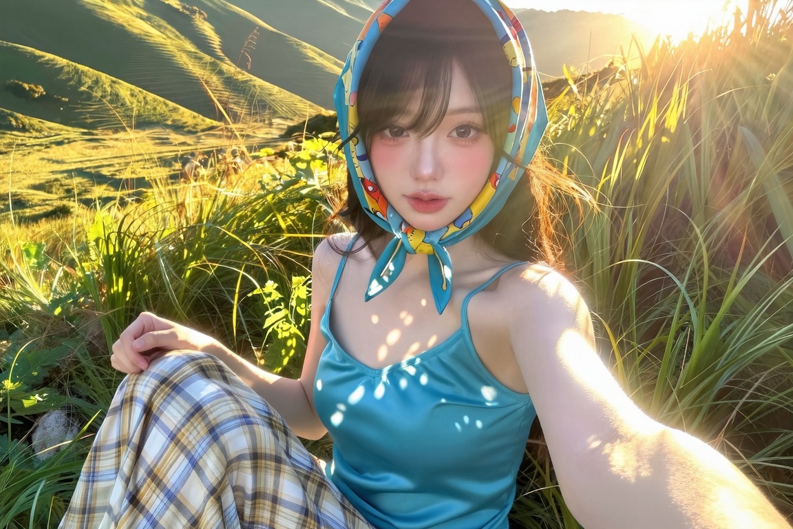 Wearing a relaxed,  intensely summery,  heavily stylized casual pastoral ensemble prominently featuring a bright on Tensor...
