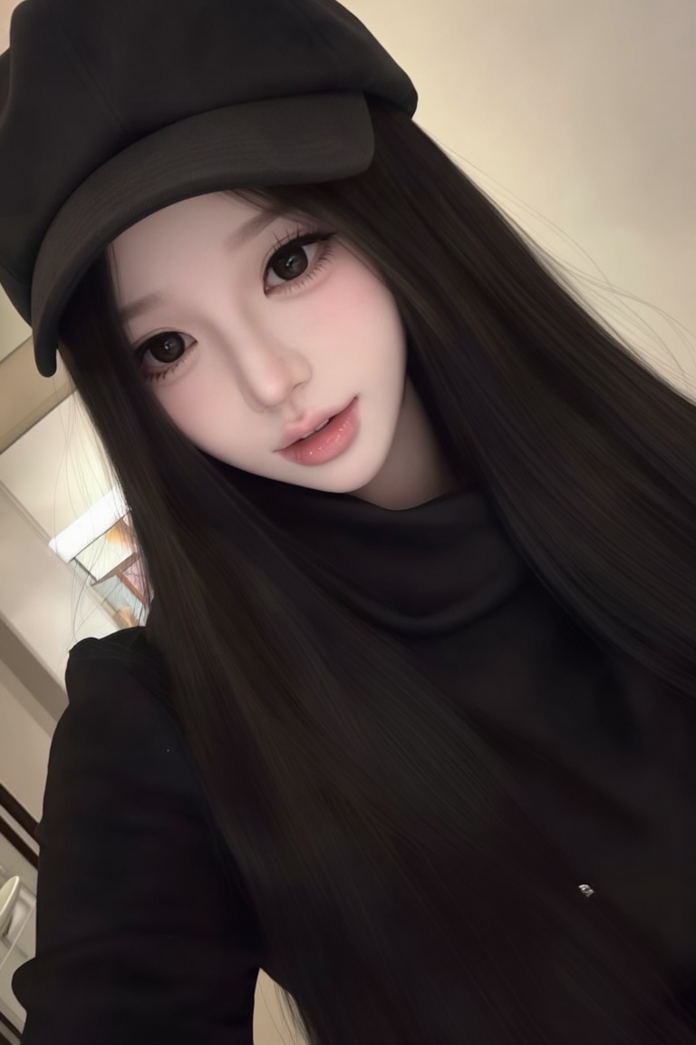 Wearing a chic,  moody,  and heavily stylized all-black casual ensemble prominently featuring a dark black high-collar gar...