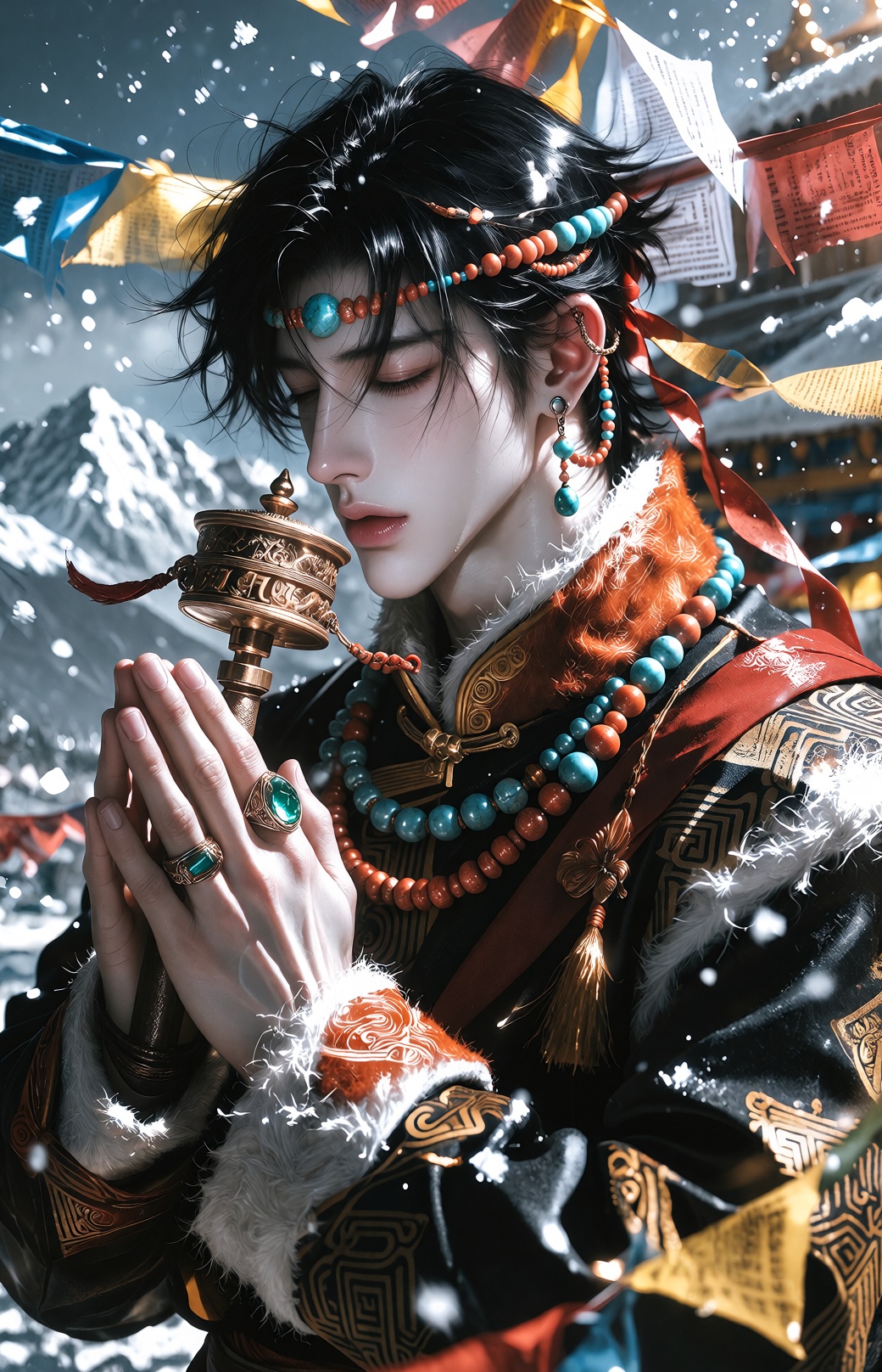 Serene fantasy illustration,  an outdoor snowy mountain setting with colorful prayer flags fluttering and snow-capped peak...