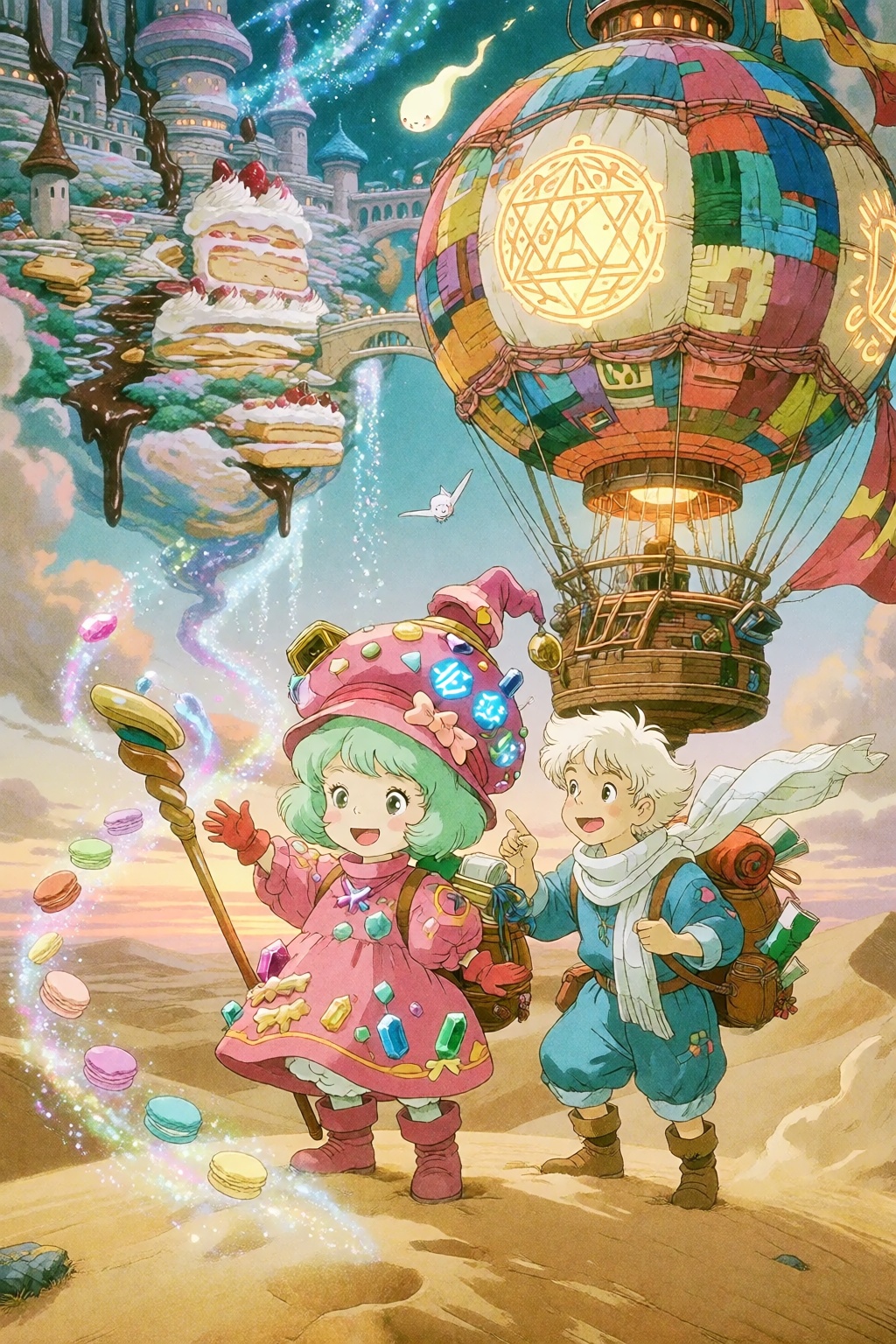 Cinematic Studio Ghibli anime style,  ultra detailed: A super kawaii girl alchemist and her wanderer boy companion explori...