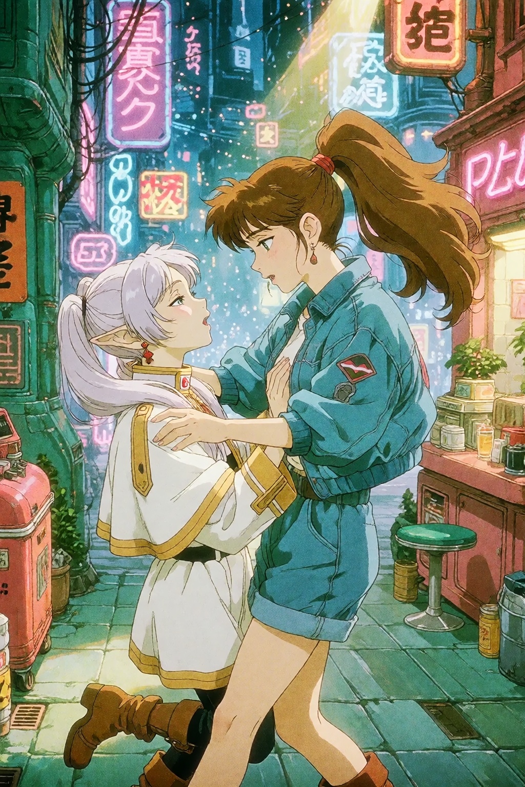 Create a retro anime scene inspired by the 1980s and 1990s styles,  featuring the Frieren and Himmel. The artwork should h...