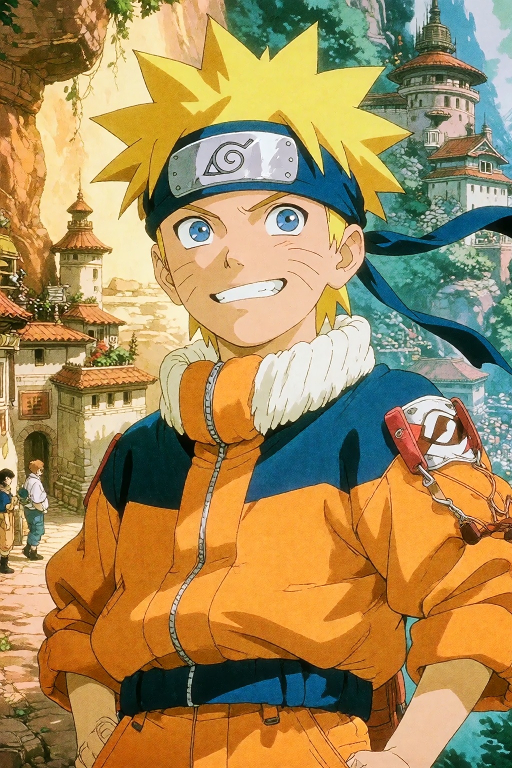 Create a retro anime-style illustration for Naruto Uzumaki from the 90s and early 2000s. Use vibrant colors and dynamic sh...