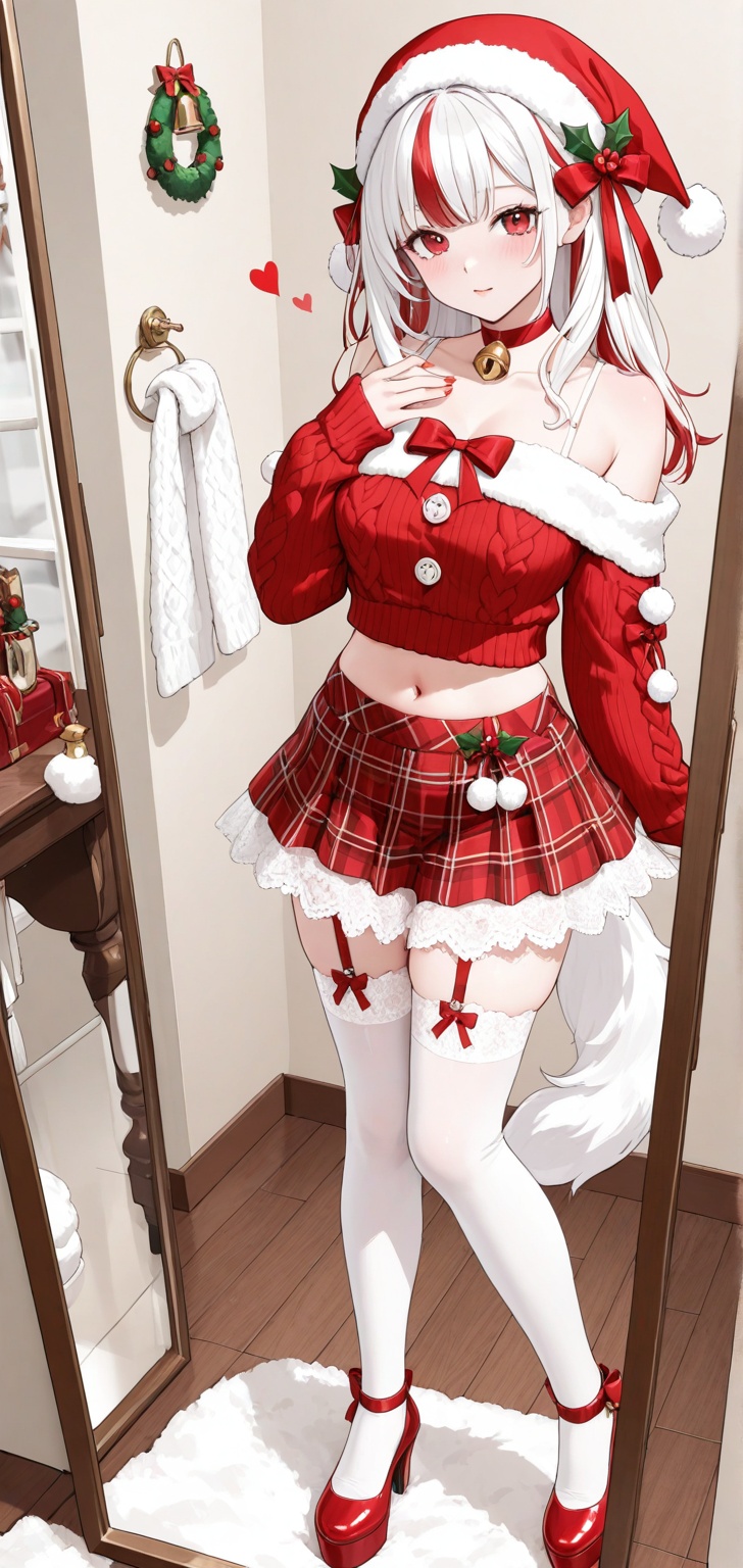 A festive cute-yet-seductive attire ensemble: an off-shoulder cropped red knit sweater woven with white Nordic snowflake a...
