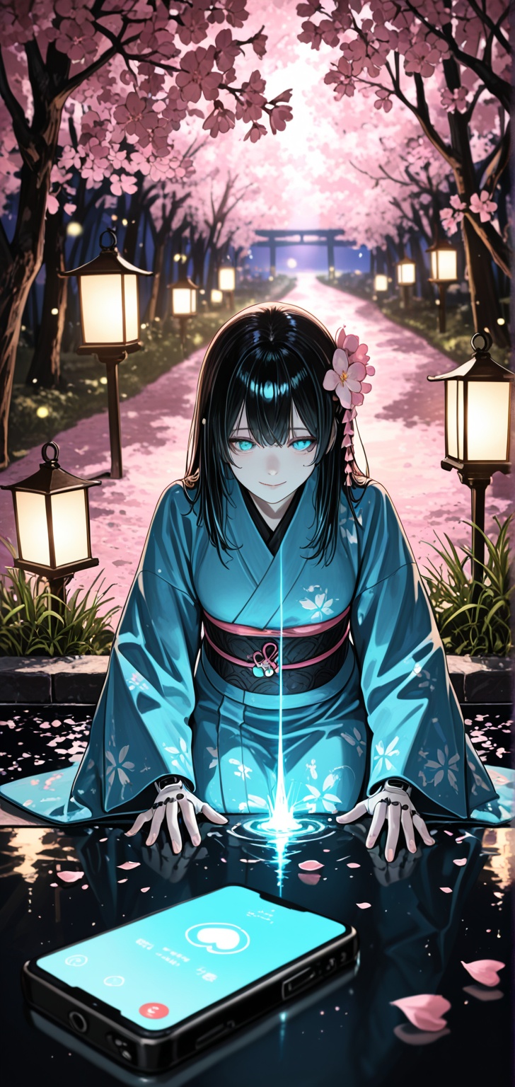 Cinematic dark-fantasy cyberpunk night scene,  intimate and hauntingly beautiful. A mysterious cybernetic woman is resting...