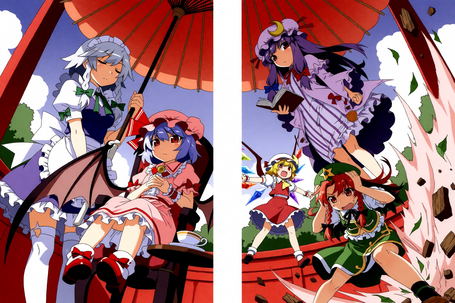 poyoyonrock. A vertical composition split into two distinct yet connected panels depicts characters from the Touhou Projec...