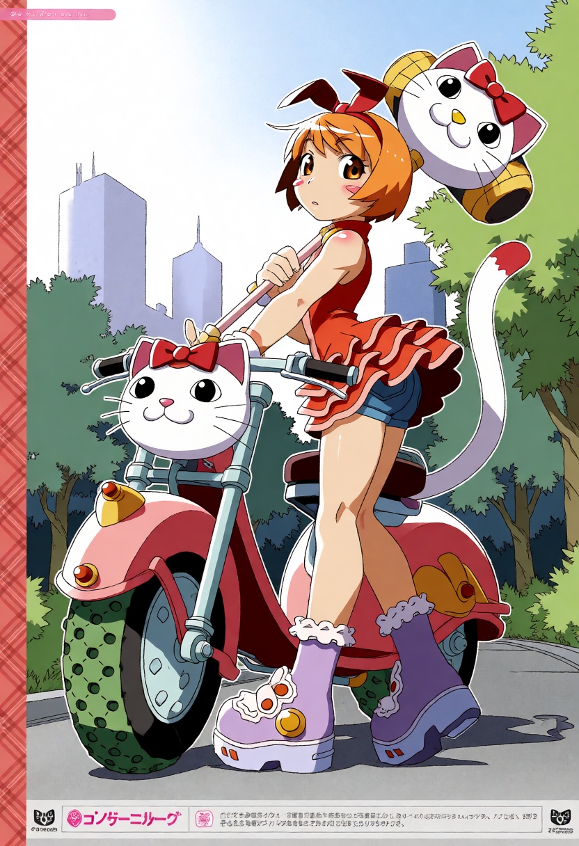 poyoyonrock. An eye-level medium-full shot captures a young woman in a stylized,  retro-futuristic anime aesthetic,  remin...