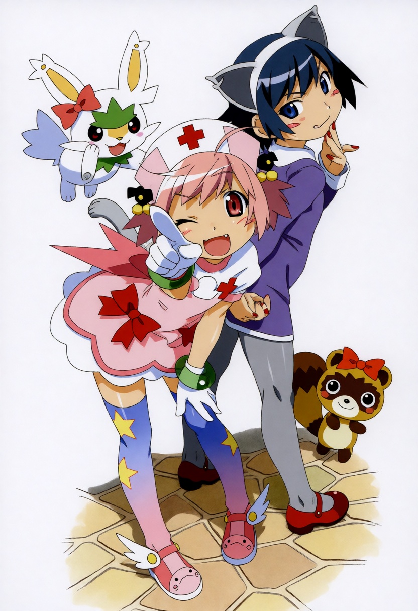 poyoyonrock. This full shot,  vertical-oriented portrait shows two young anime-style women and two stylized creatures agai...