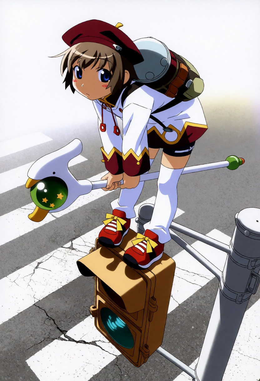 poyoyonrock,  A full-length vertical shot captures a young person perched atop a weathered metal traffic light housing at...