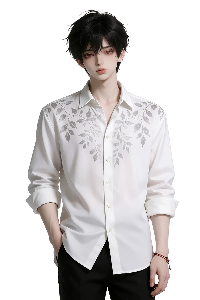 This is a highly detailed,  digital anime-style illustration of a young man standing against a plain white background. He...