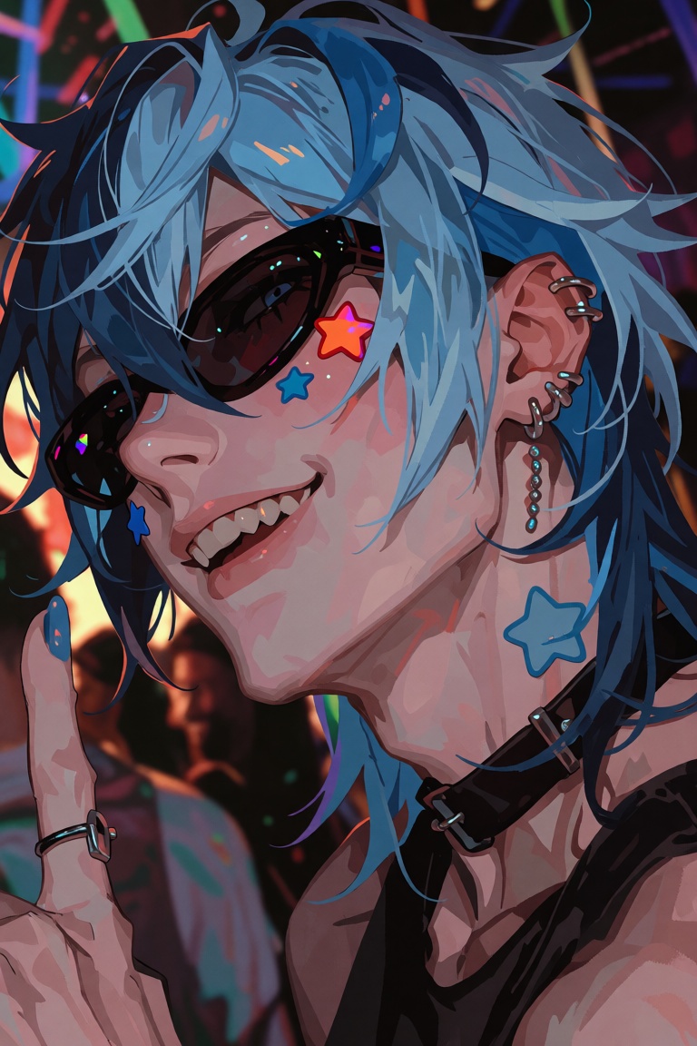 Create a semi-realistic to pseudo-realistic portrait of an androgynous figure with striking blue and black mixed hair. The...