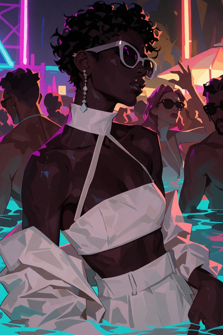 Create a semi realistic digital illustration of a scene at a pool party where a woman with very dark skin and a striking w...