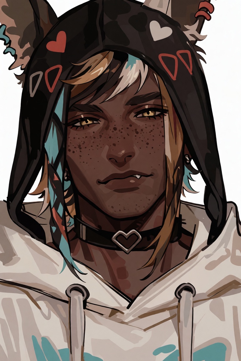 Create an semi realistic painterly digital illustration of a: A dark-skinned man,  focusing on a heart-choker,  with freck...