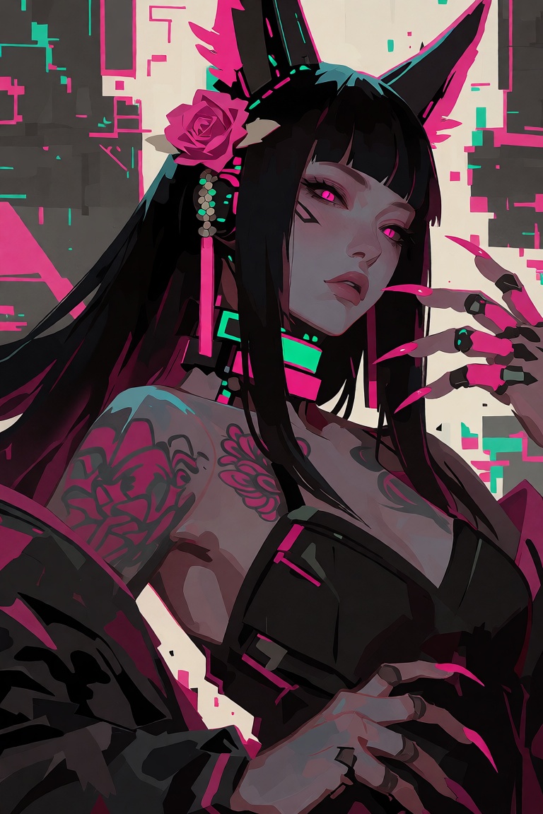 Create a semi-realistic digital painterly illustration of a: dynamic pose of an Asian woman viewed from the waist up,  sho...
